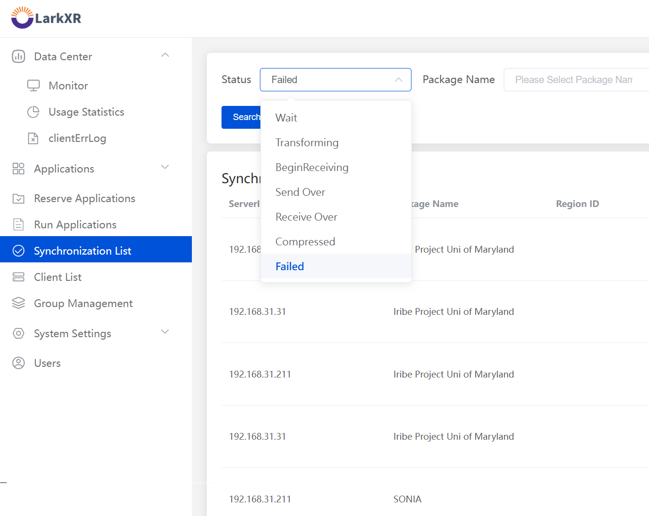 Synchronization Management page example